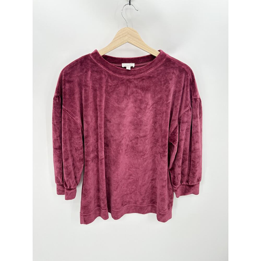 Garnet Hill Red Wine Moonrise Velour Crewneck Pullover 3/4 Sleeve Women Small